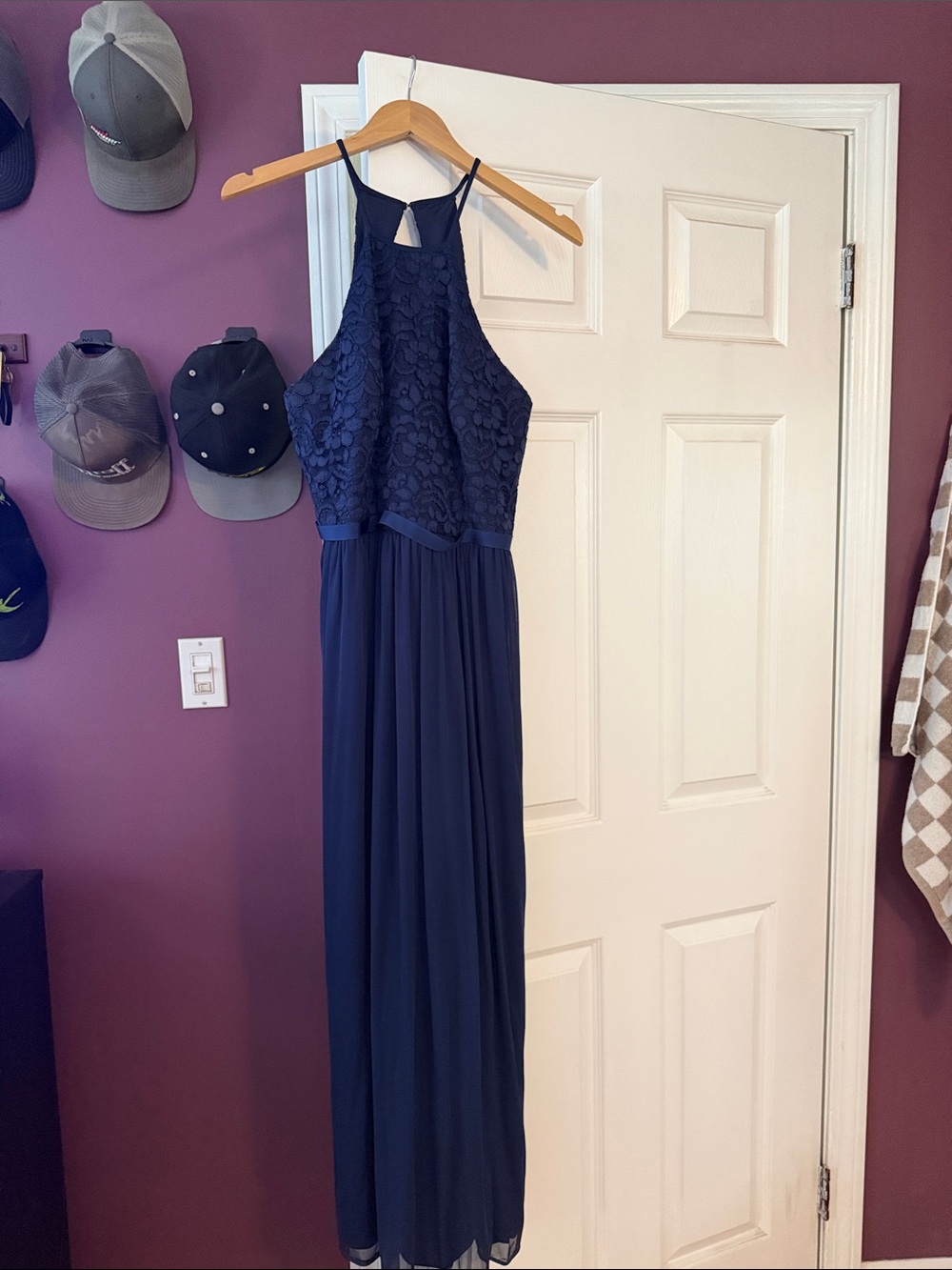 David's Bridal Navy Lace-Top Chiffon Halter Evening Dress